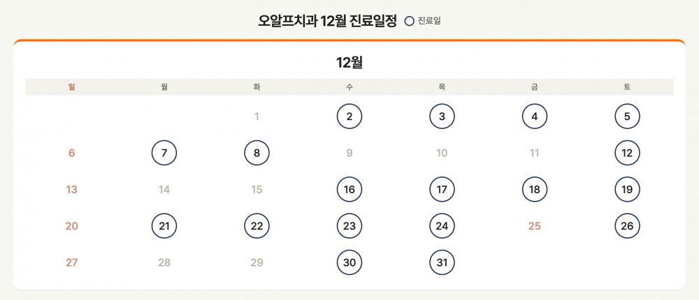 오알프치과 12월 진료일정 달력 — 동그라미 친 날이 진료일입니다